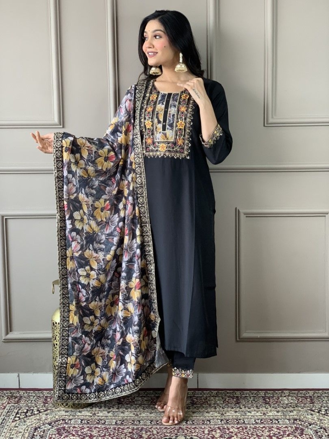 

Siya Fashion Floral Yoke Design Sequinned Straight Kurta With Trousers And Dupatta, Black