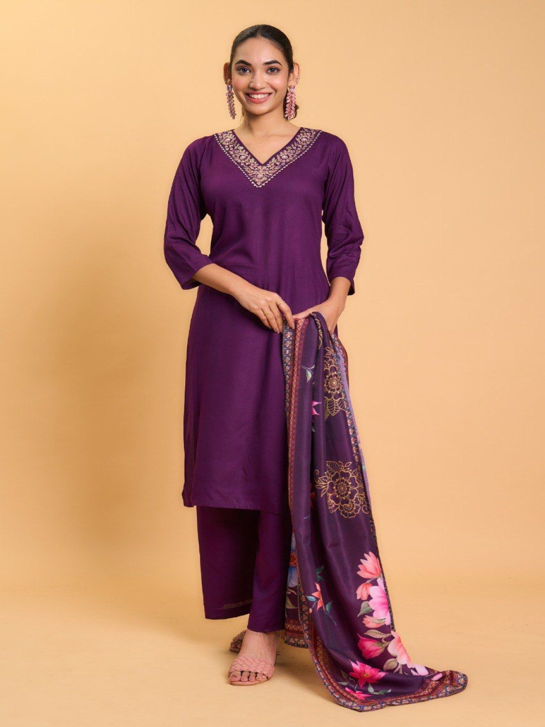 

A TO Z CART Floral Embroidered V-Neck Chanderi Silk Straight Kurta With Palazzo & Dupatta, Purple