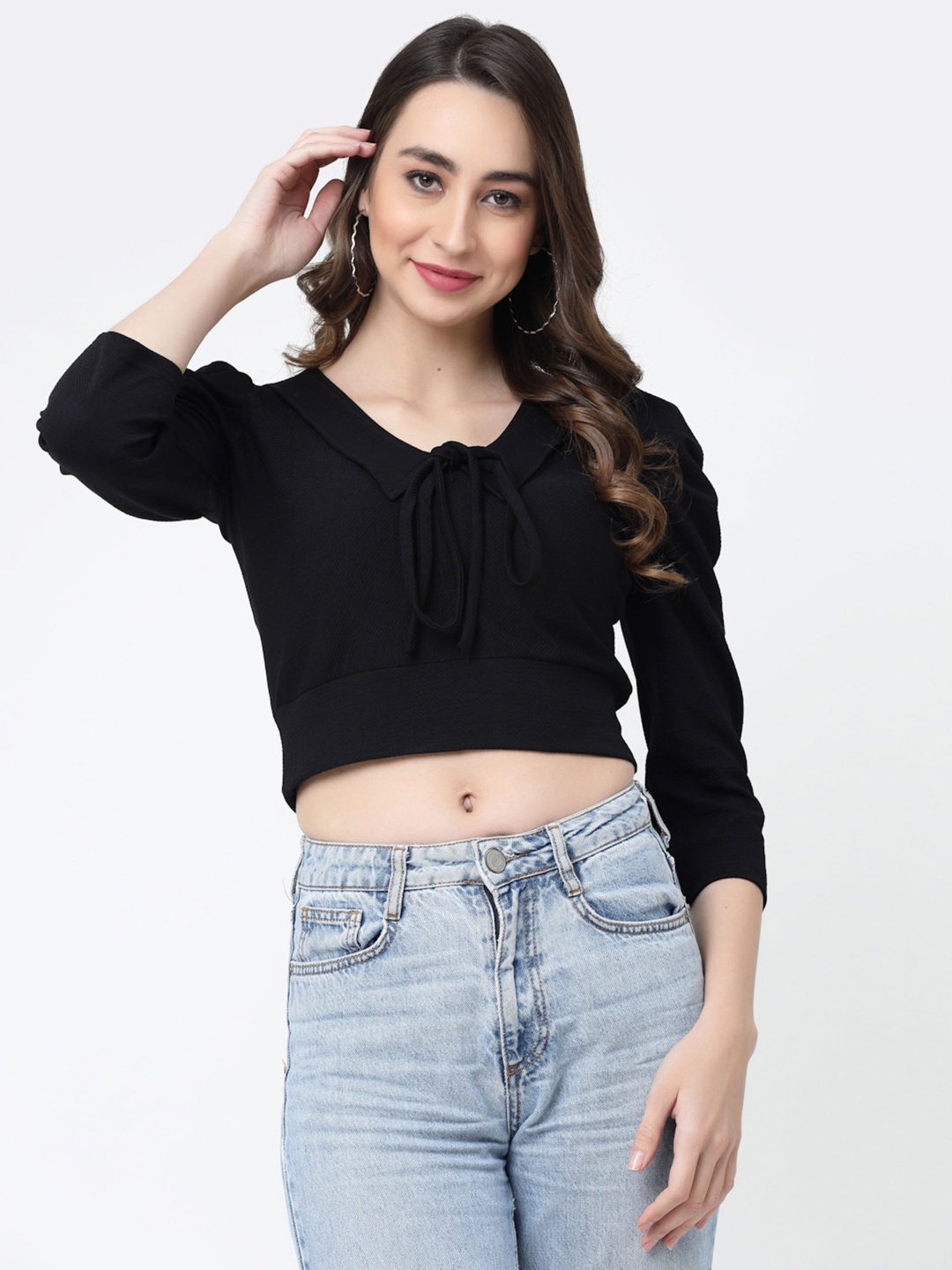 

MISS AYSE Tie-Up Neck Puff Sleeve Crop Top, Multi