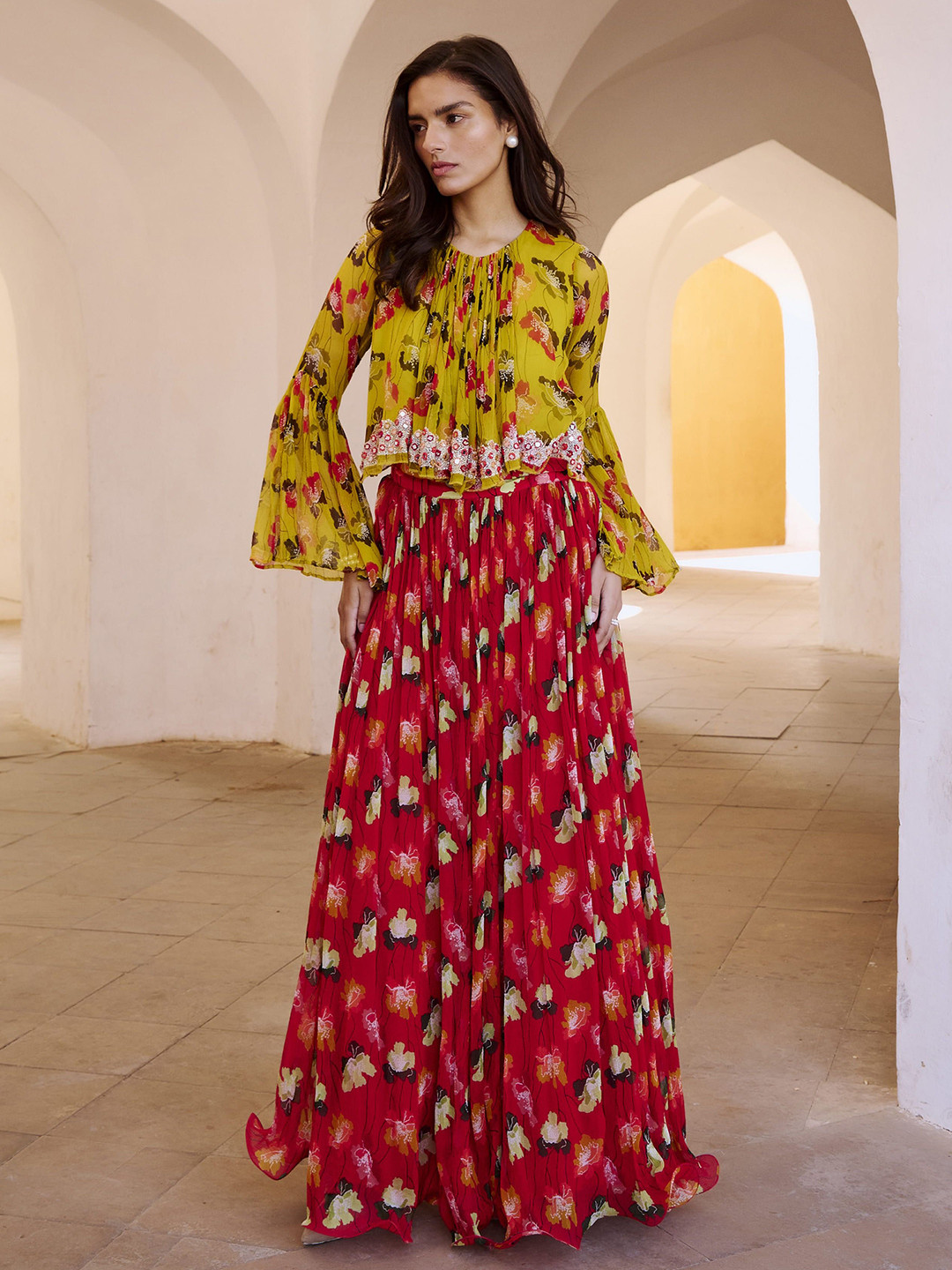 

Pallavi Jaipur Gulbahar Bumble Bee Boho Floral Printed Round Neck Top With Skirt, Lime green