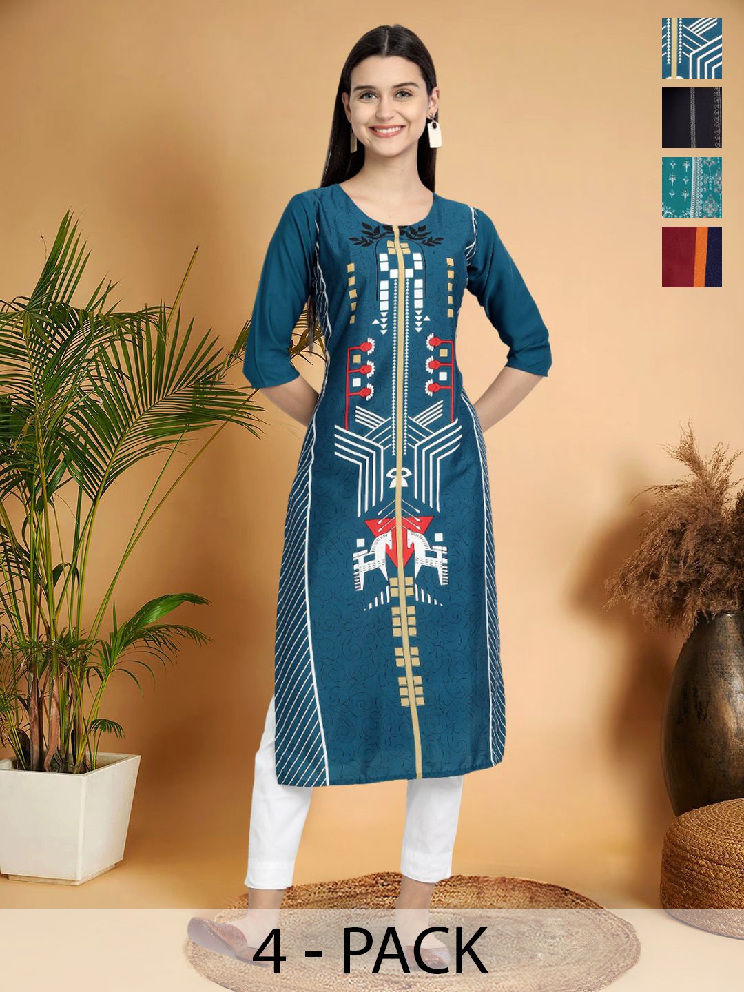 

7Threads Selection Of 4 Geometric Printed Round Neck Kurtas, Teal