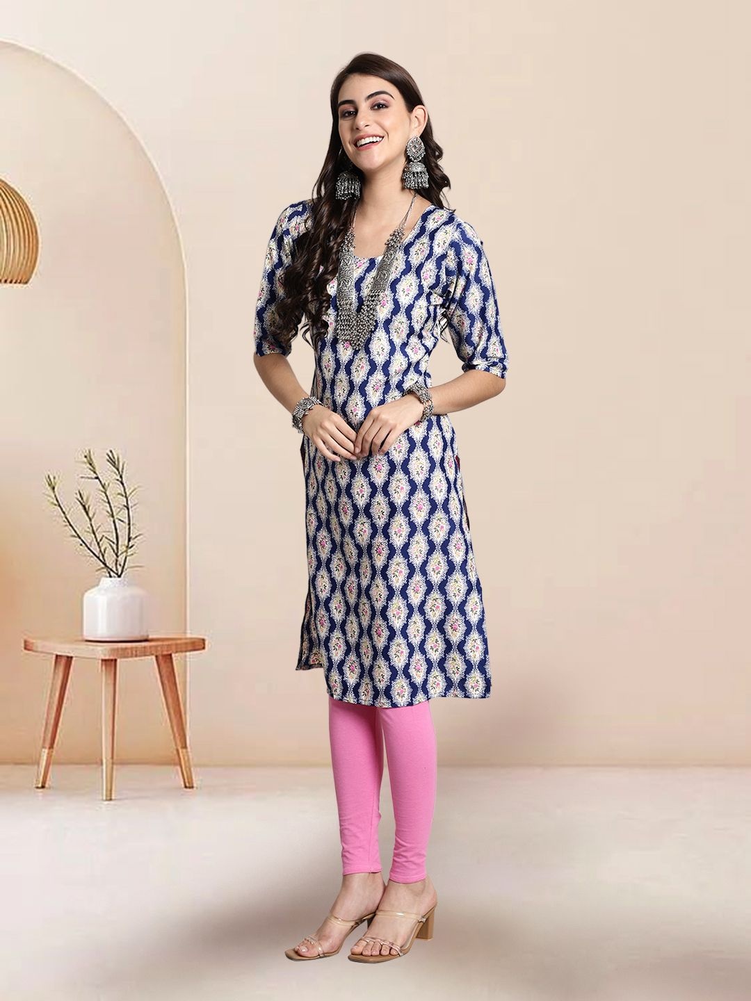 

7Threads Selection Of 3 Floral Printed Round Neck Straight Kurtas, Blue