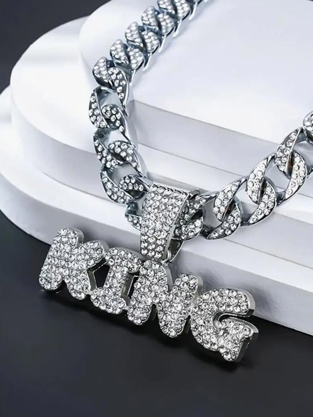 

Krelin Men Silver-Plated Zircon Studded Stainless Steel Hip Hop Letter KING Oxidised Chain