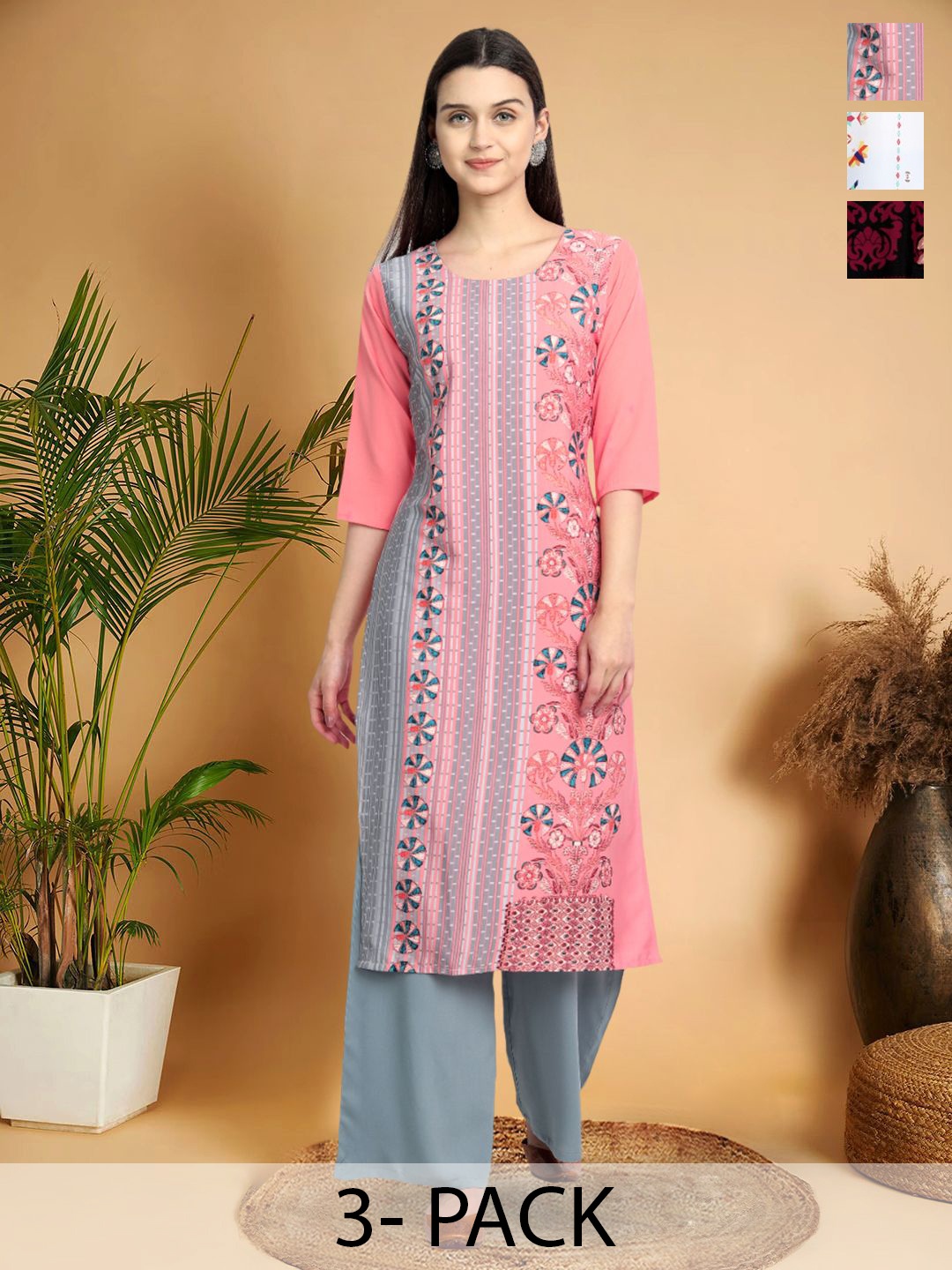 

7Threads Selection Of 3 Ethnic Motifs Printed Straight Kurtas, Pink