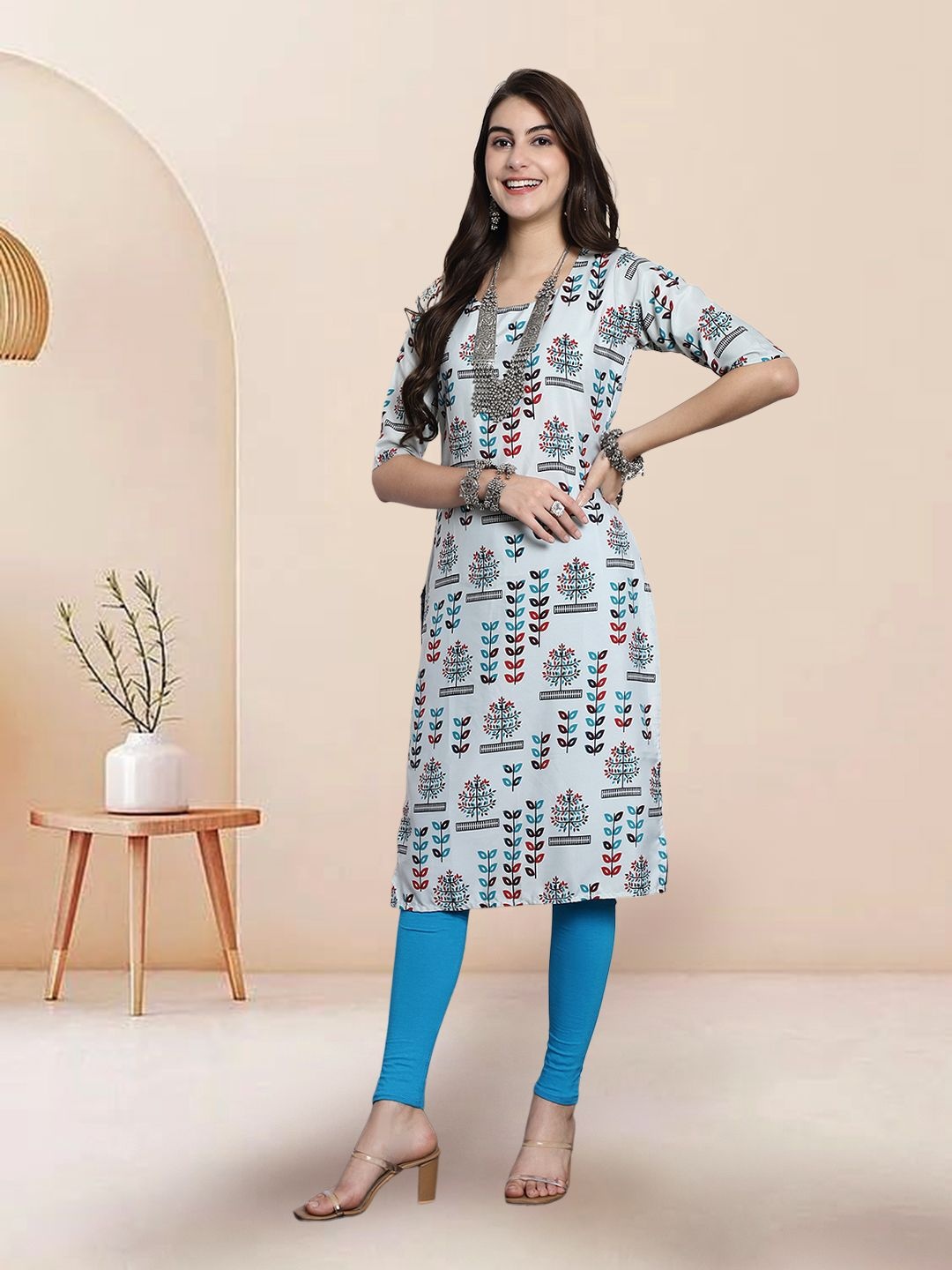 

7Threads Selection Of 3 Ethnic Motifs Printed Round Neck Kurtas, Grey