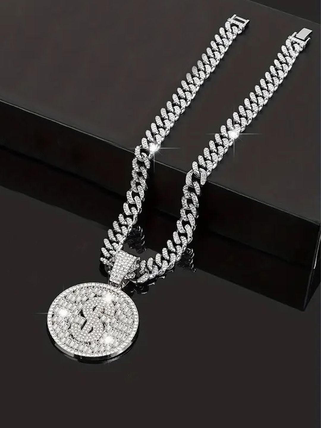 

Krelin Men Sterling Silver-Plated Cubic Zirconia Studded Bling Dollar Pendant Chain