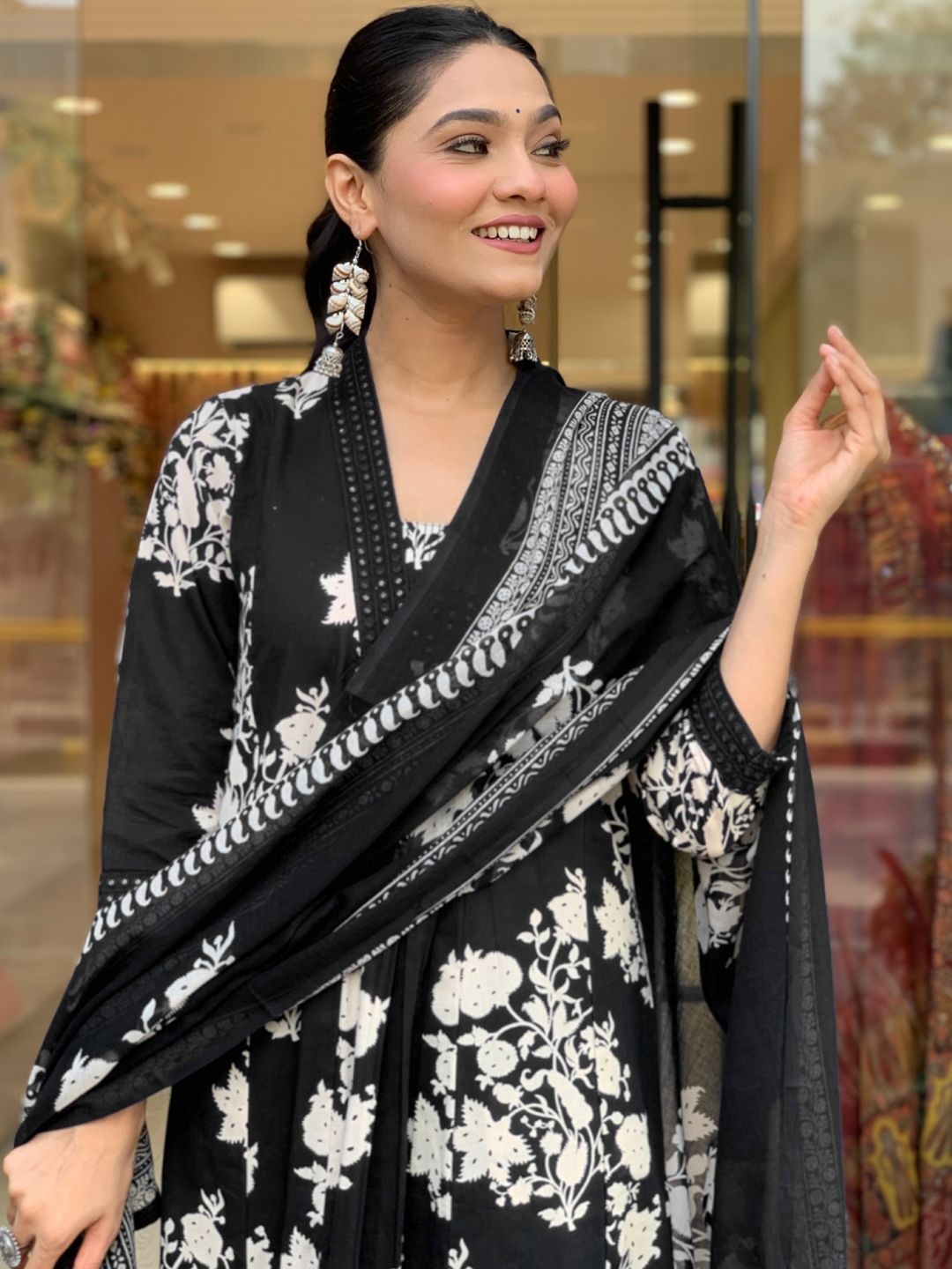 

TOOCHKI Floral Printed Pure Cotton Anarkali Kurta With Palazzos And Dupatta, Black