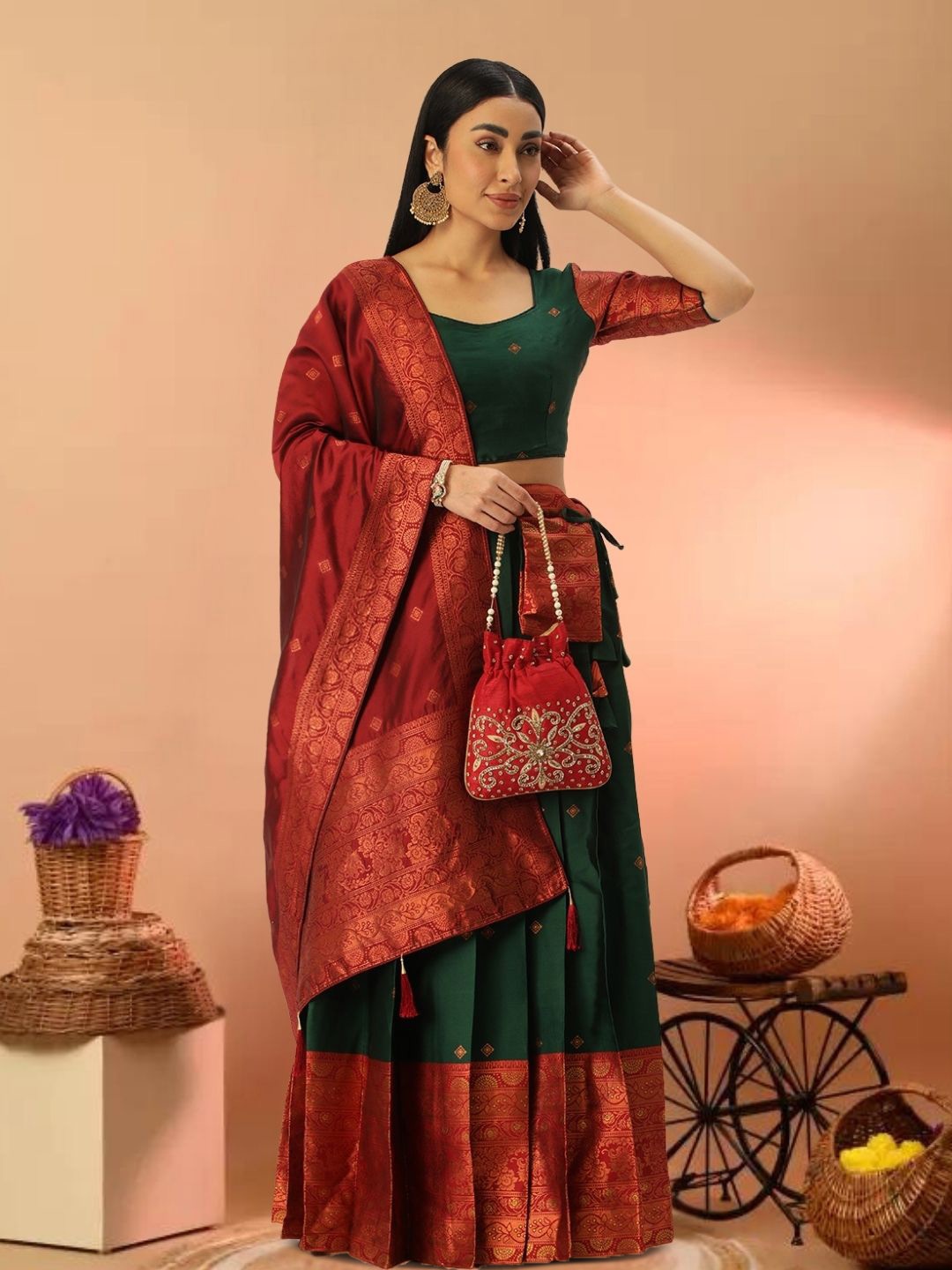 

MAGMINA Woven Design Zari Semi-Stitched Lehenga & Unstitched Blouse With Dupatta & Belt, Green
