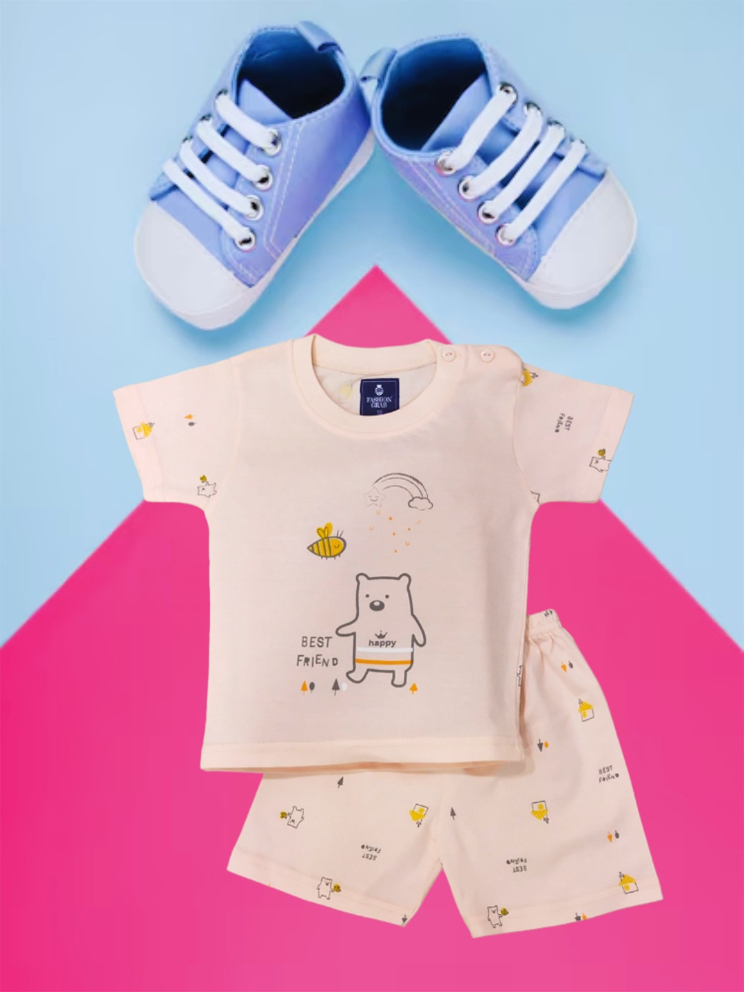

FASHION GRAB Kids Printed Pure Cotton T-Shirt With Shorts, Orange