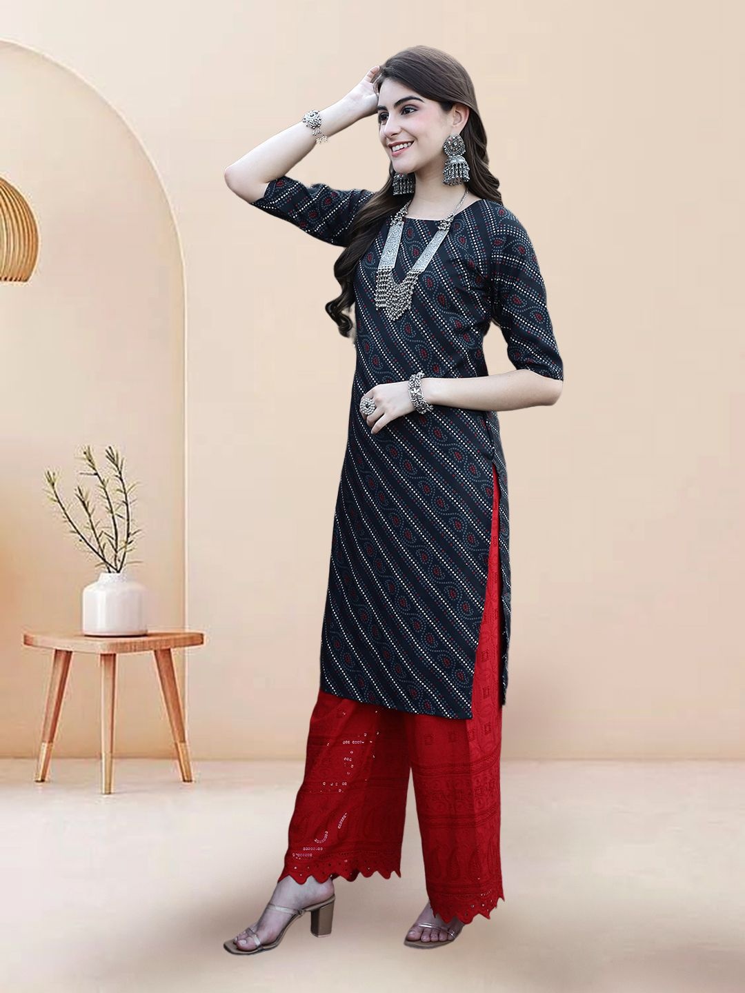 

7Threads Selection Of 3 Bandhani Printed Round Neck Straight Kurtas, Green