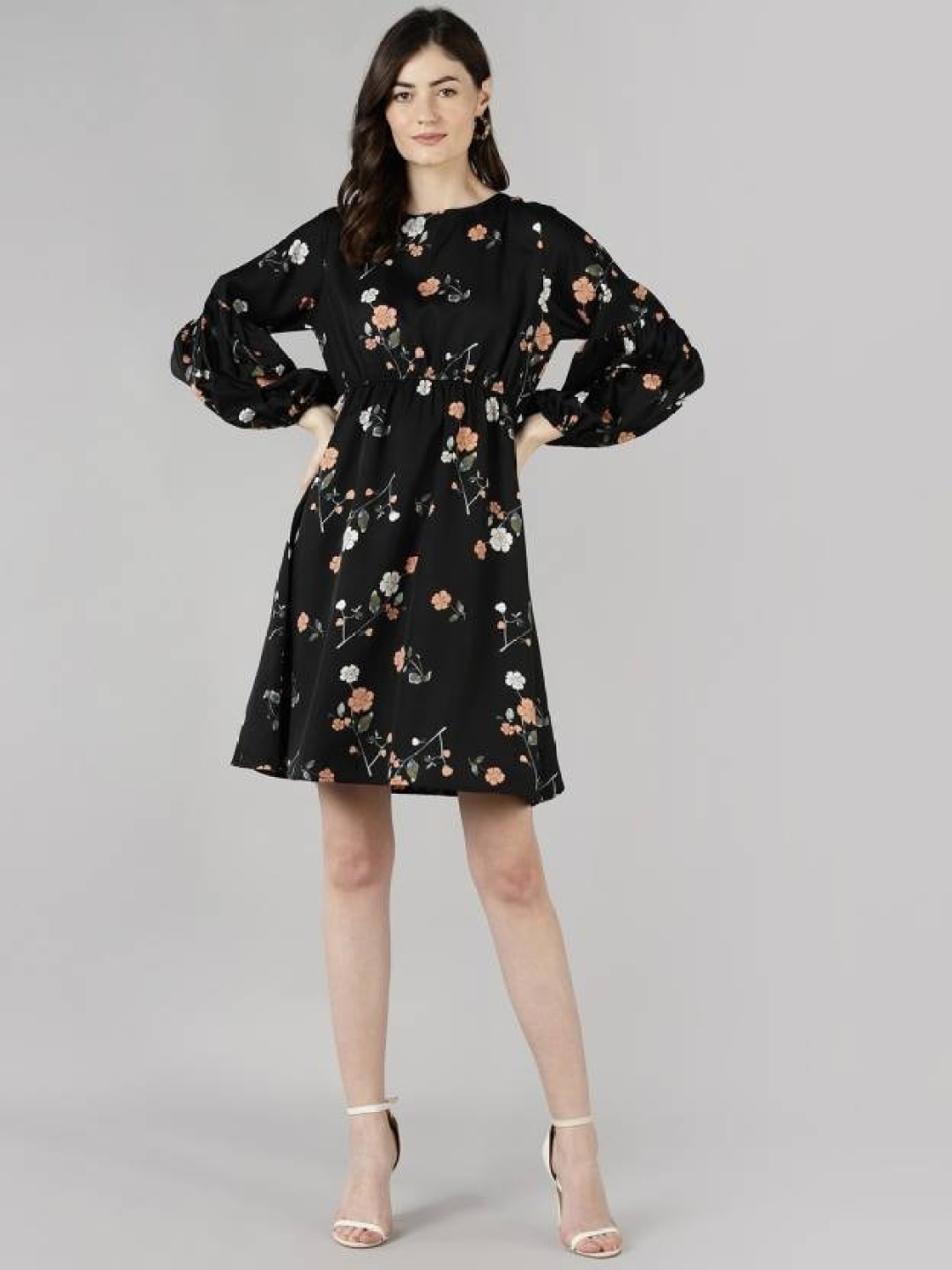 

Fashfun Floral Print Puff Sleeve Crepe Fit & Flare Dress, Black