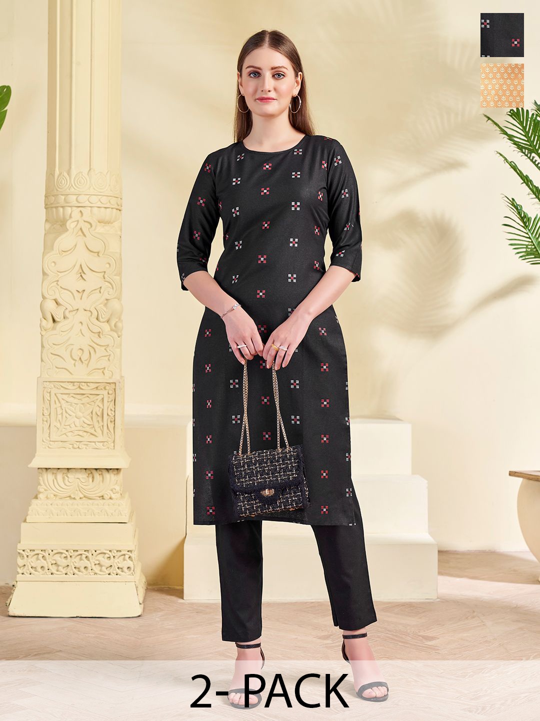 

KALINI Selection Of 2 Geometric Round Neck Straight Kurtas with Trousers, Black