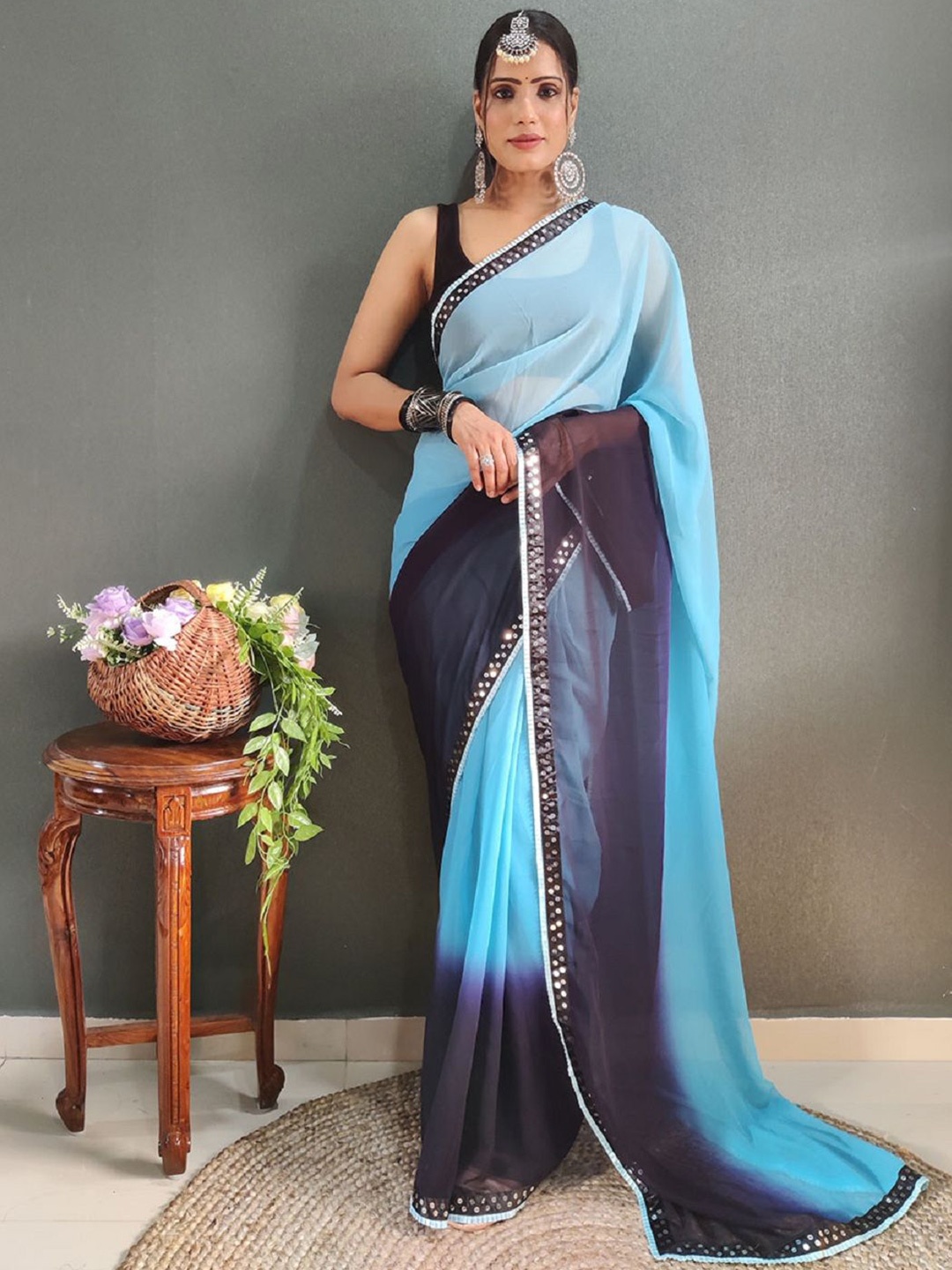 

A TO Z CART Ombre Embellished Mirror Work Pure Georgette Ready to Wear Saree, Turquoise blue