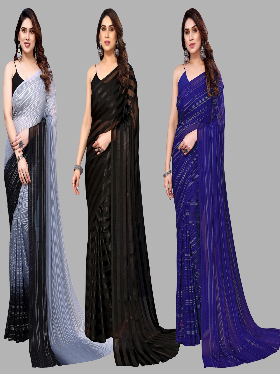 

ANAND SAREES Striped Satin Saree, Black