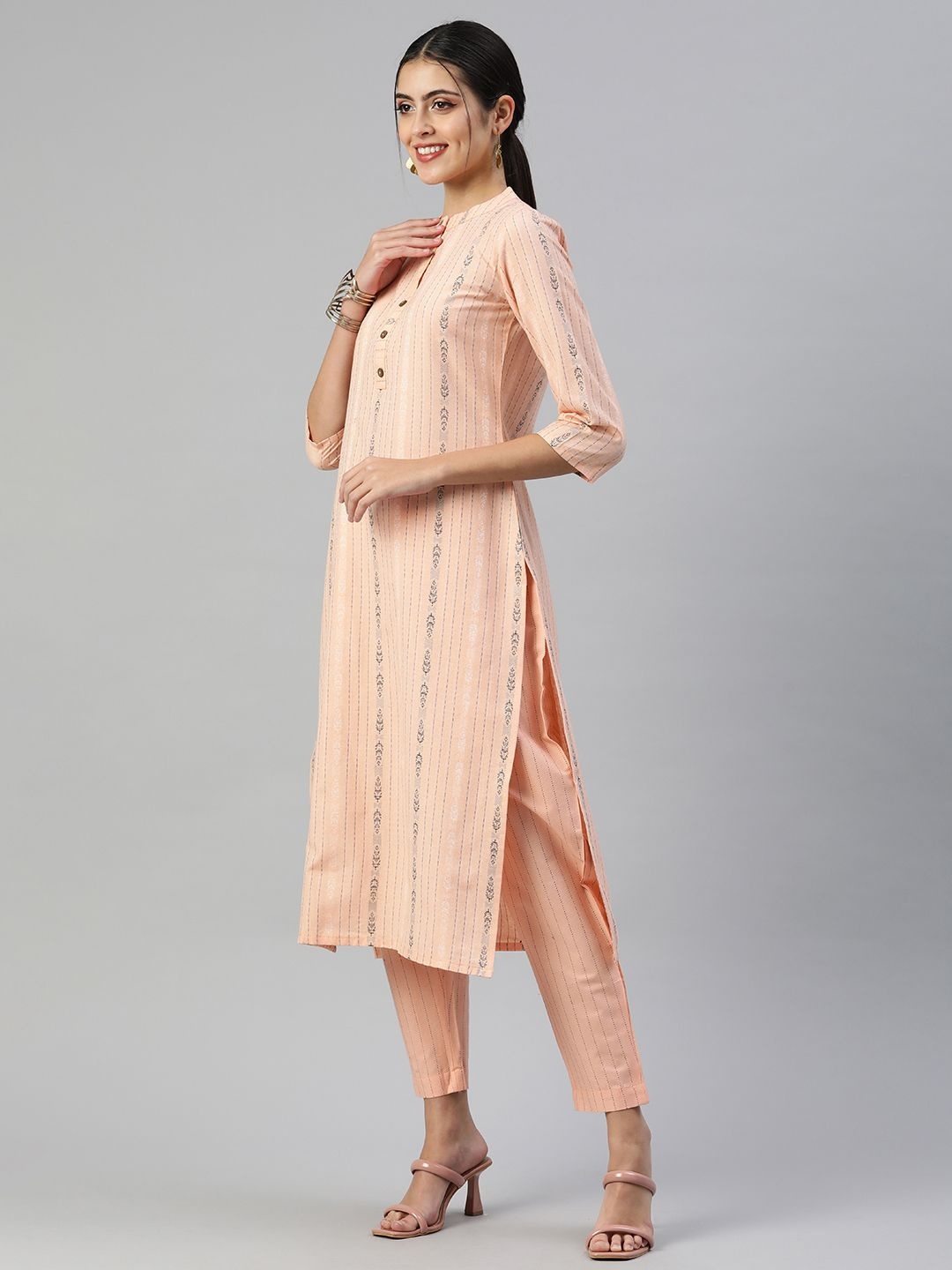 

KALINI Selection Of 2 Striped Mandarin Collar Straight Kurtas With Trousers, Peach