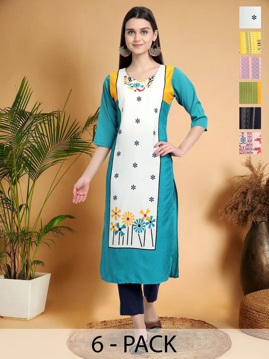 

7Threads Selection Of 6 Floral Printed Round Neck Straight Kurtas, Blue