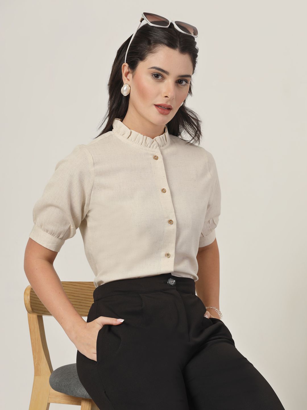 

Style Quotient Women Smart Mandarin Collar Solid Cotton Formal Shirt, Beige