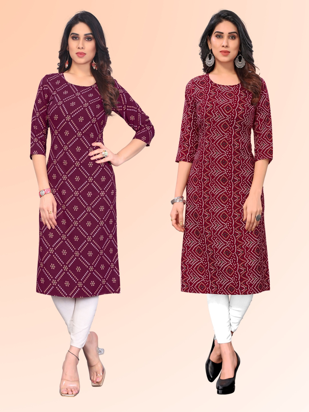 

KETAKI FASHION Selection Of 2 Bandhani Printed Round Neck Straight Kurtas, Burgundy