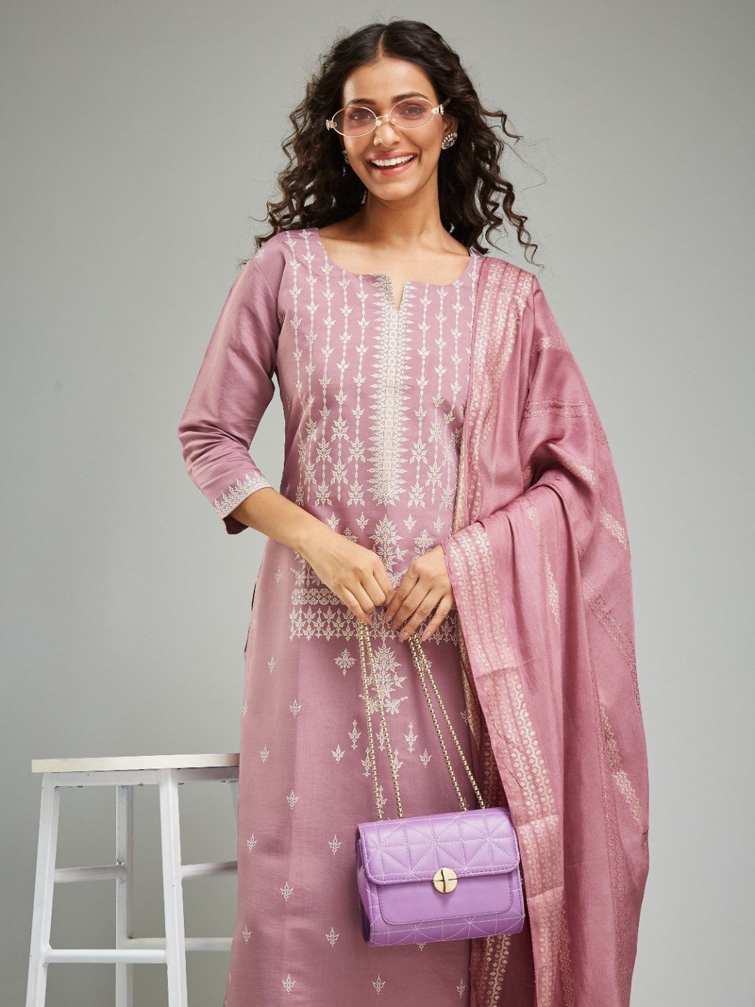 

KALINI Floral Printed Notch Neck Straight Kurta With Palazzos & Dupatta, Pink