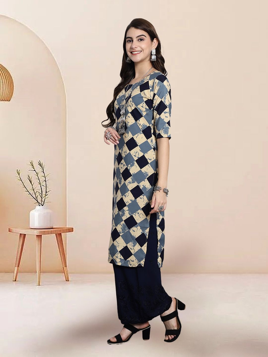 

7Threads Selection Of 2 Geometric Printed Round Neck Straight Kurtas, Beige