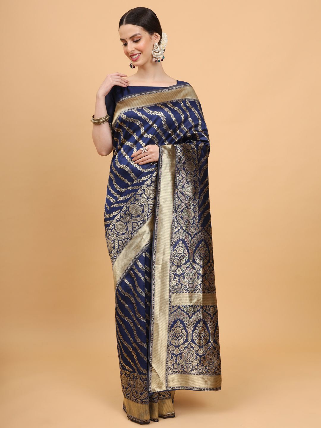 

Melok Woven Design Zari Art Silk Banarasi Saree, Navy blue