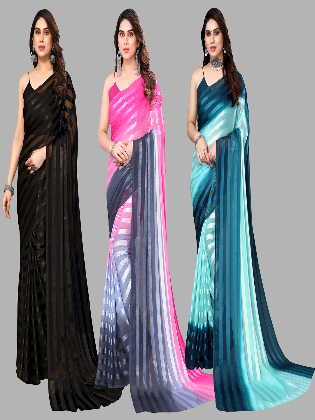 

ANAND SAREES Striped Satin Saree, Pink