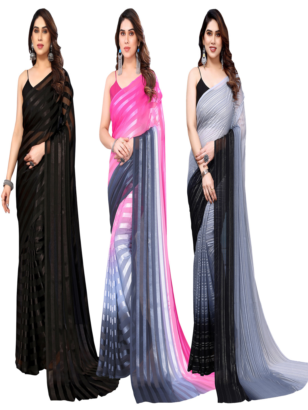 

ANAND SAREES Striped Satin Saree, Black