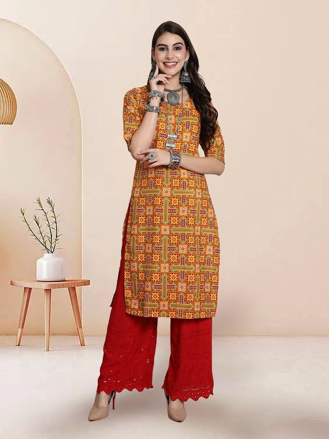 

7Threads Selection Of 6 Ethnic Motifs Printed Round Neck Straight Kurtas, Yellow