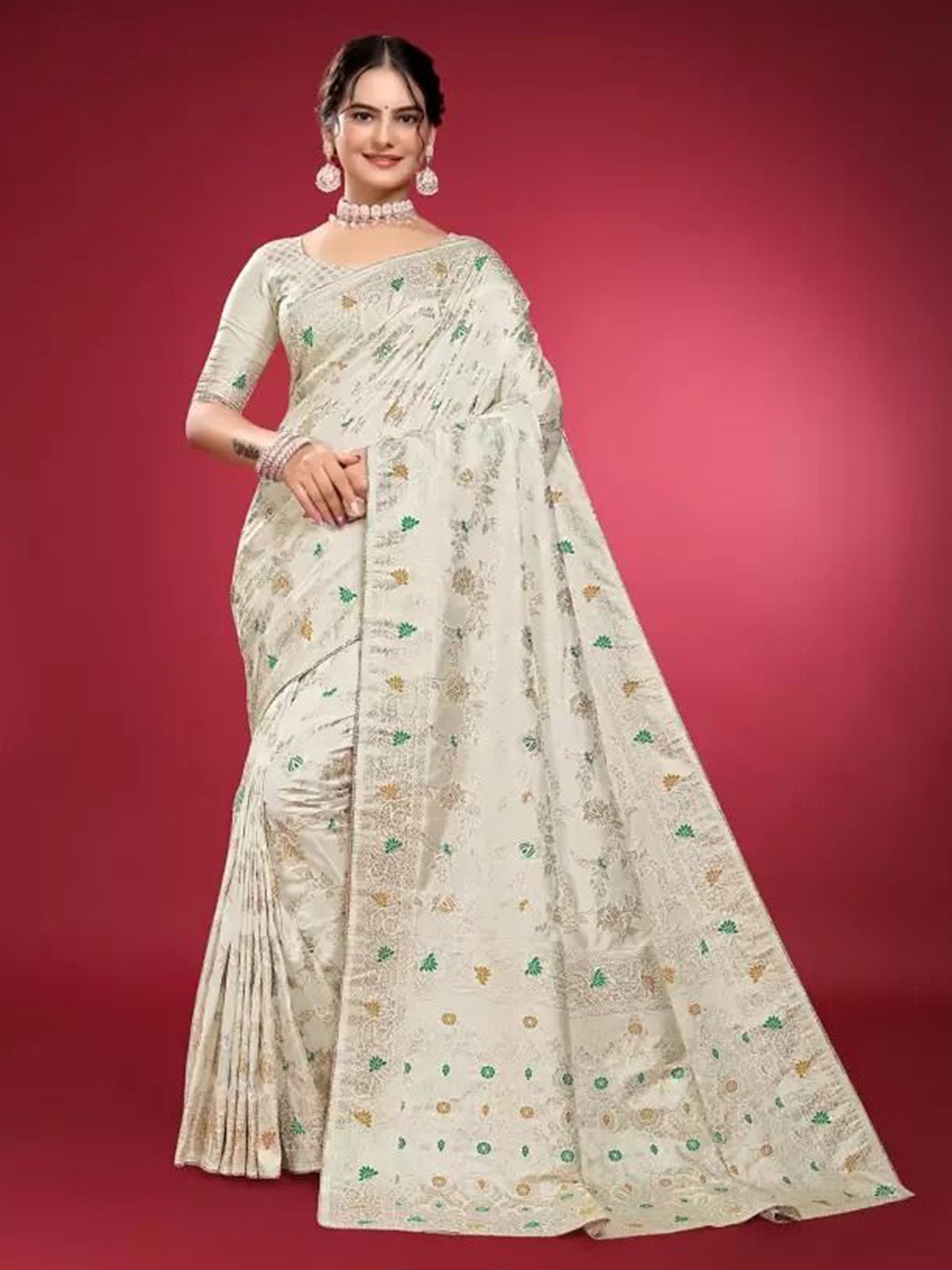 

Florence Woven Design Pure Silk Fusion Saree, White
