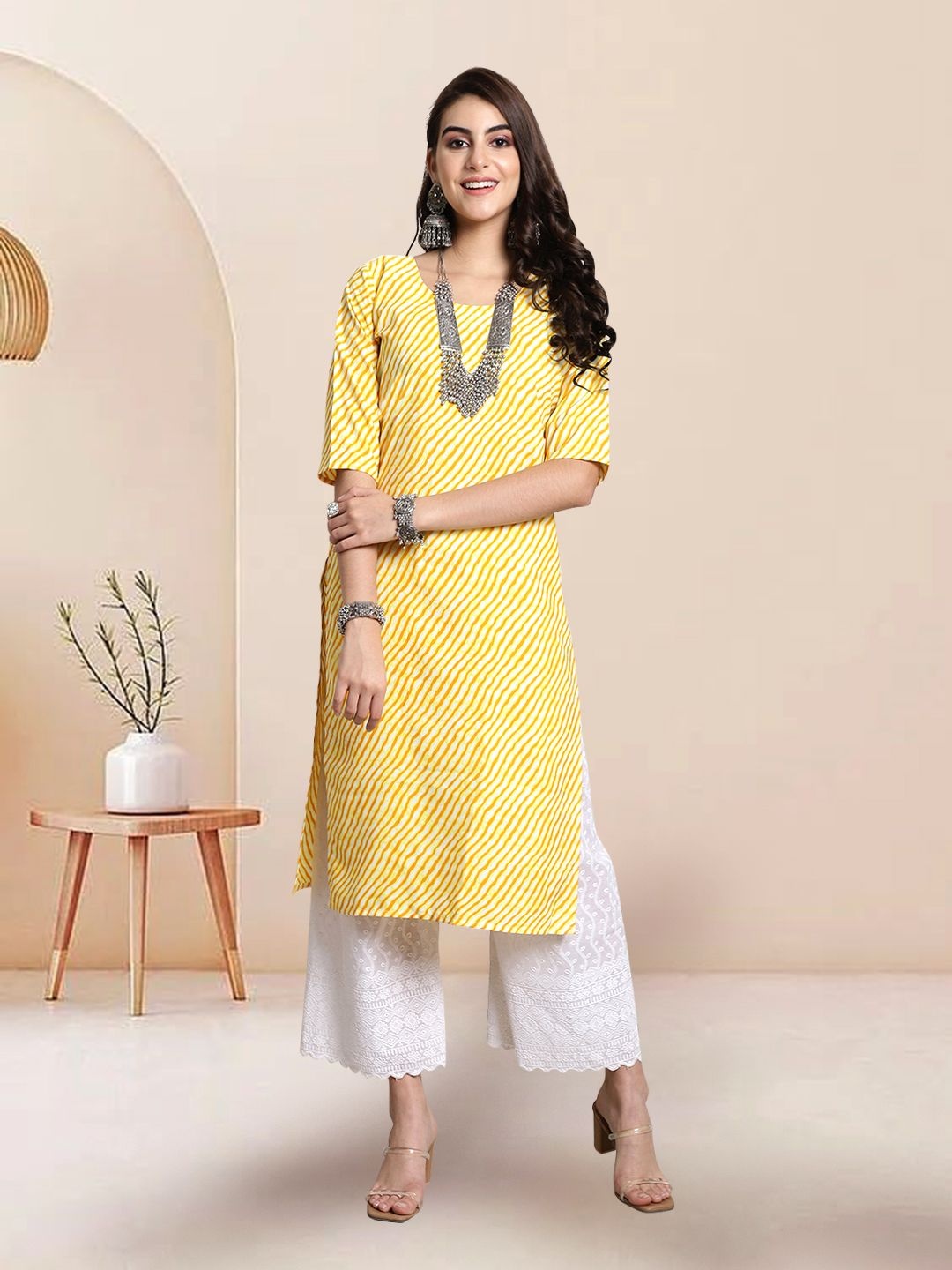 

7Threads Selection Of 6 Leheriya Printed Round Neck Straight Kurtas, Yellow