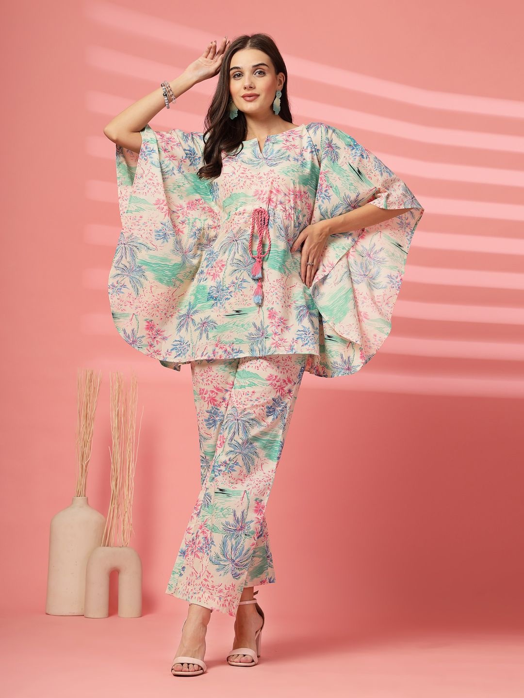 

Indibelle Printed Flared Sleeves Pure Cotton Tunic With Trouser, Beige