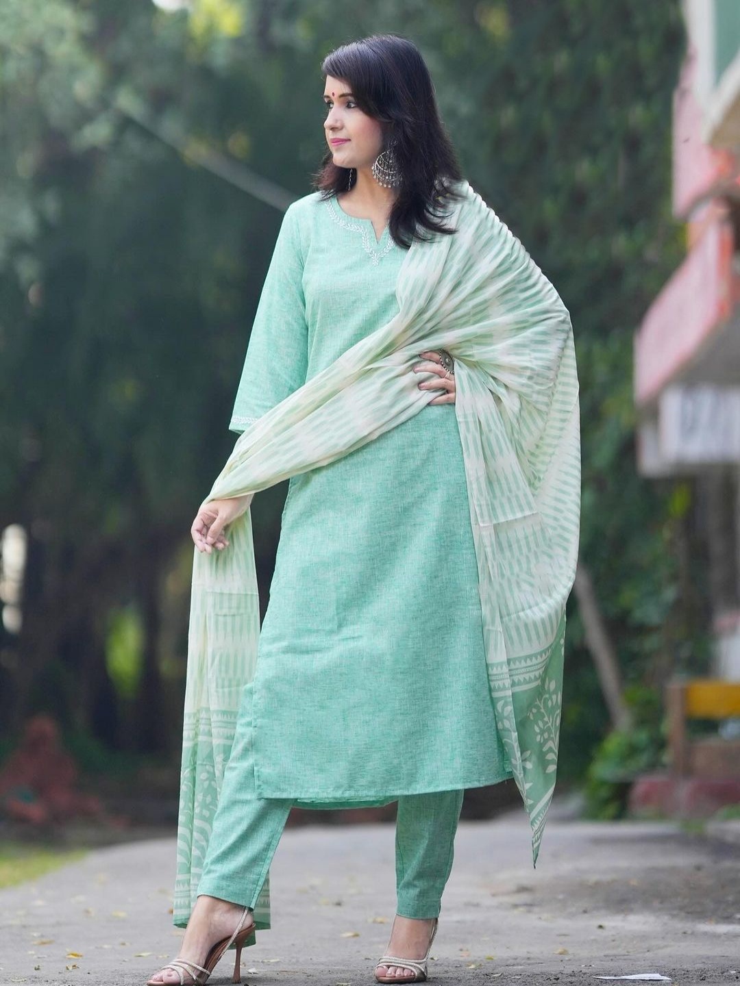 

GoSriKi Thread Work Notch Neck Straight Kurta With Trousers And Dupatta, Sea green