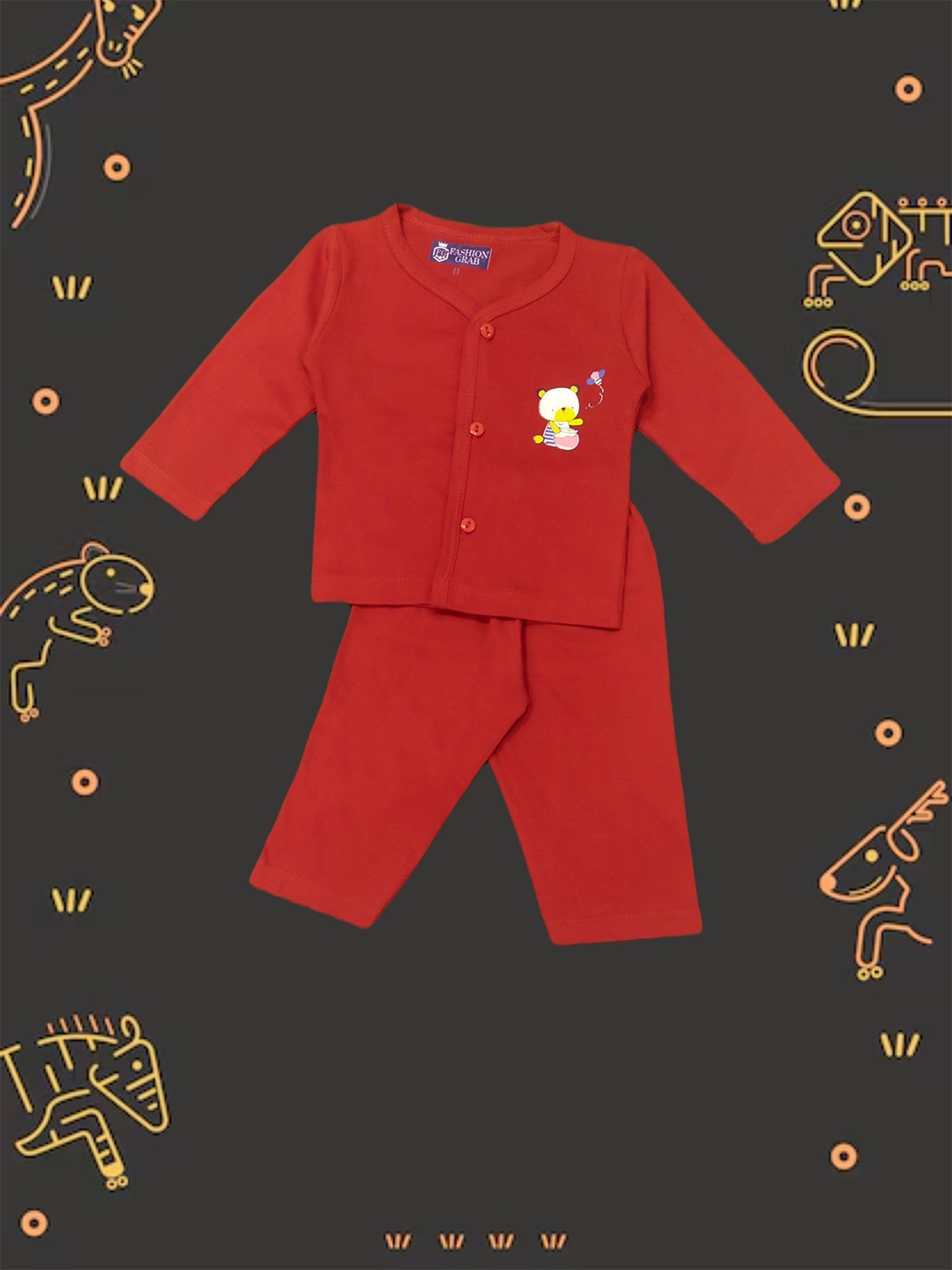 

FASHION GRAB Infants Printed Pure Cotton Shirt With Trouser, Red