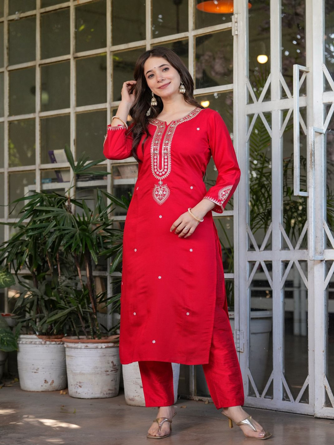 

KALINI Floral Embroidered V-Neck Straight Kurta With Palazzos & Dupatta, Red
