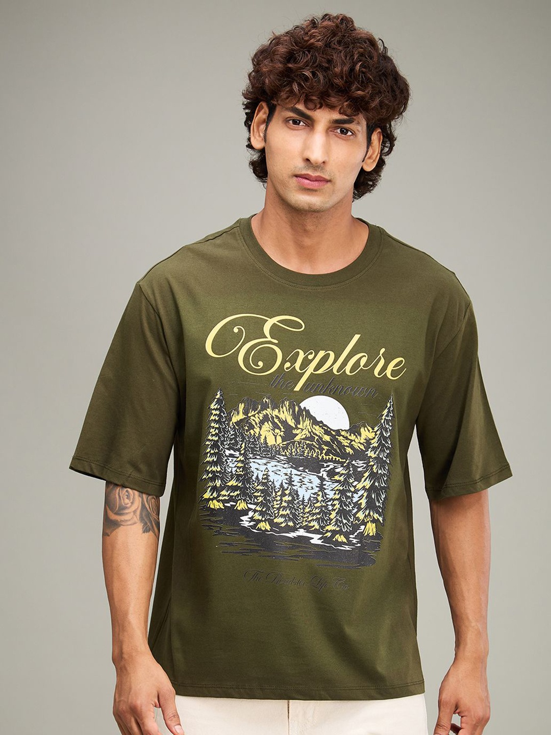 

The Roadster Lifestyle Co. Men Graphic Printed Round Neck Cotton Relaxed Fit T-shirt, Olive