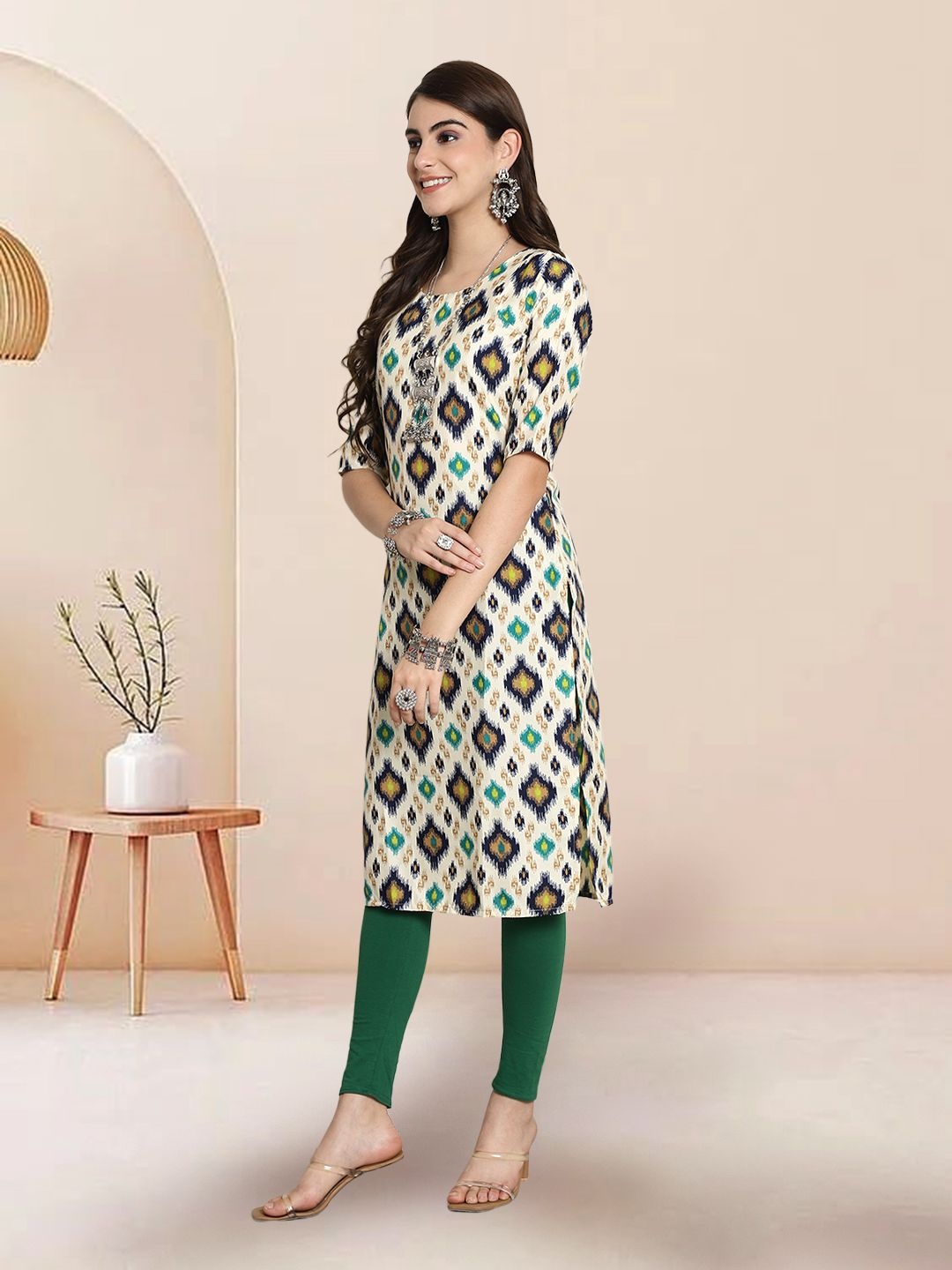 

7Threads Selection Of 3 Ethnic Motifs Printed Round Neck Straight Kurtas, Beige