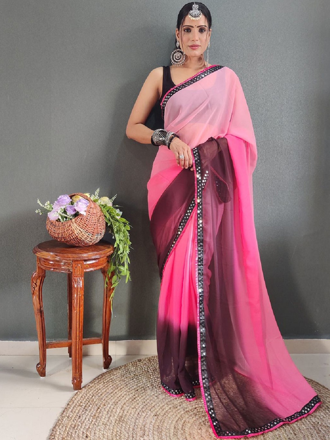 

A TO Z CART Ombre Sequinned Pure Georgette Ready to Wear Saree, Pink