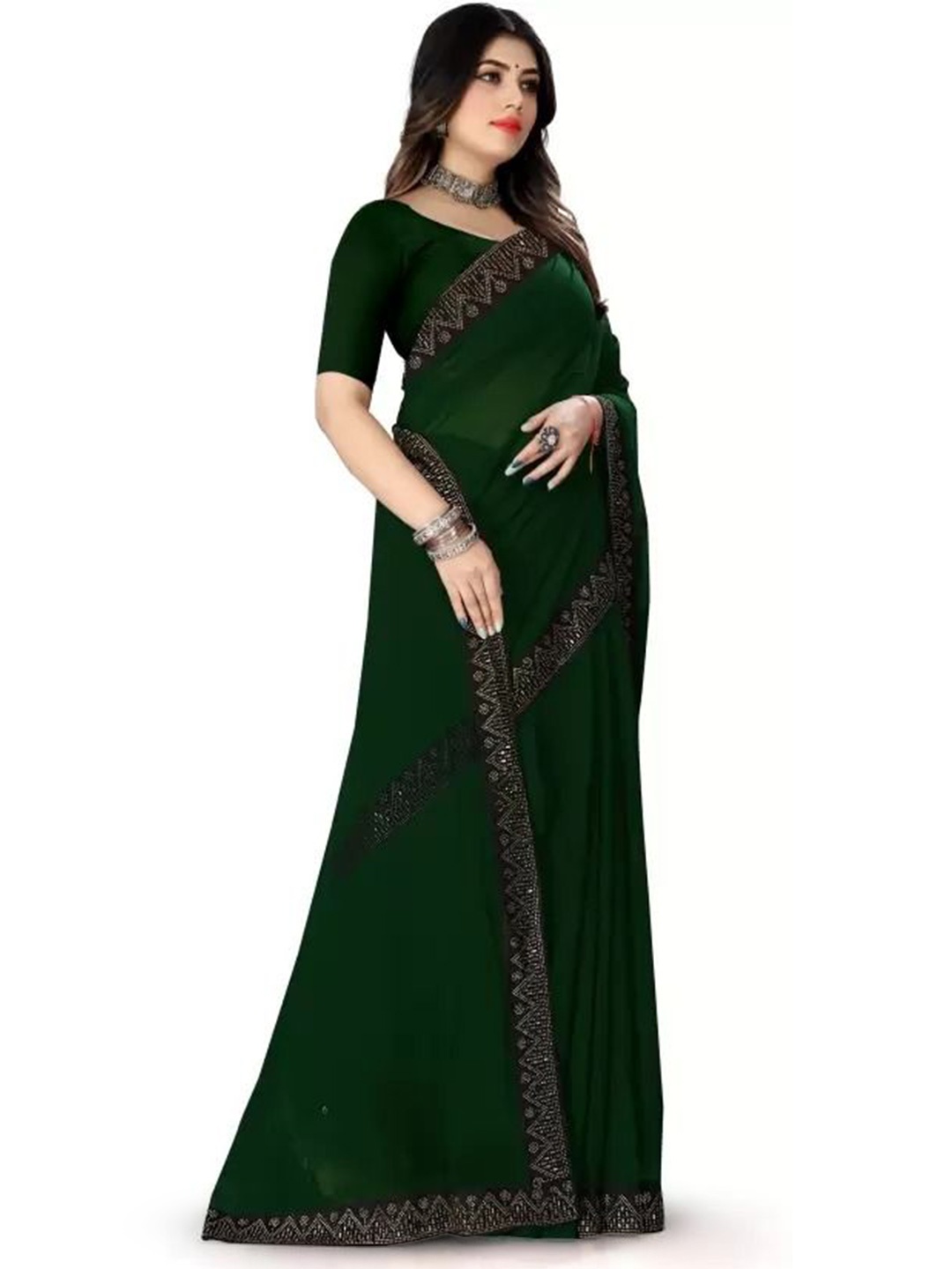 

Florence Beads and Stones Pure Georgette Saree, Green