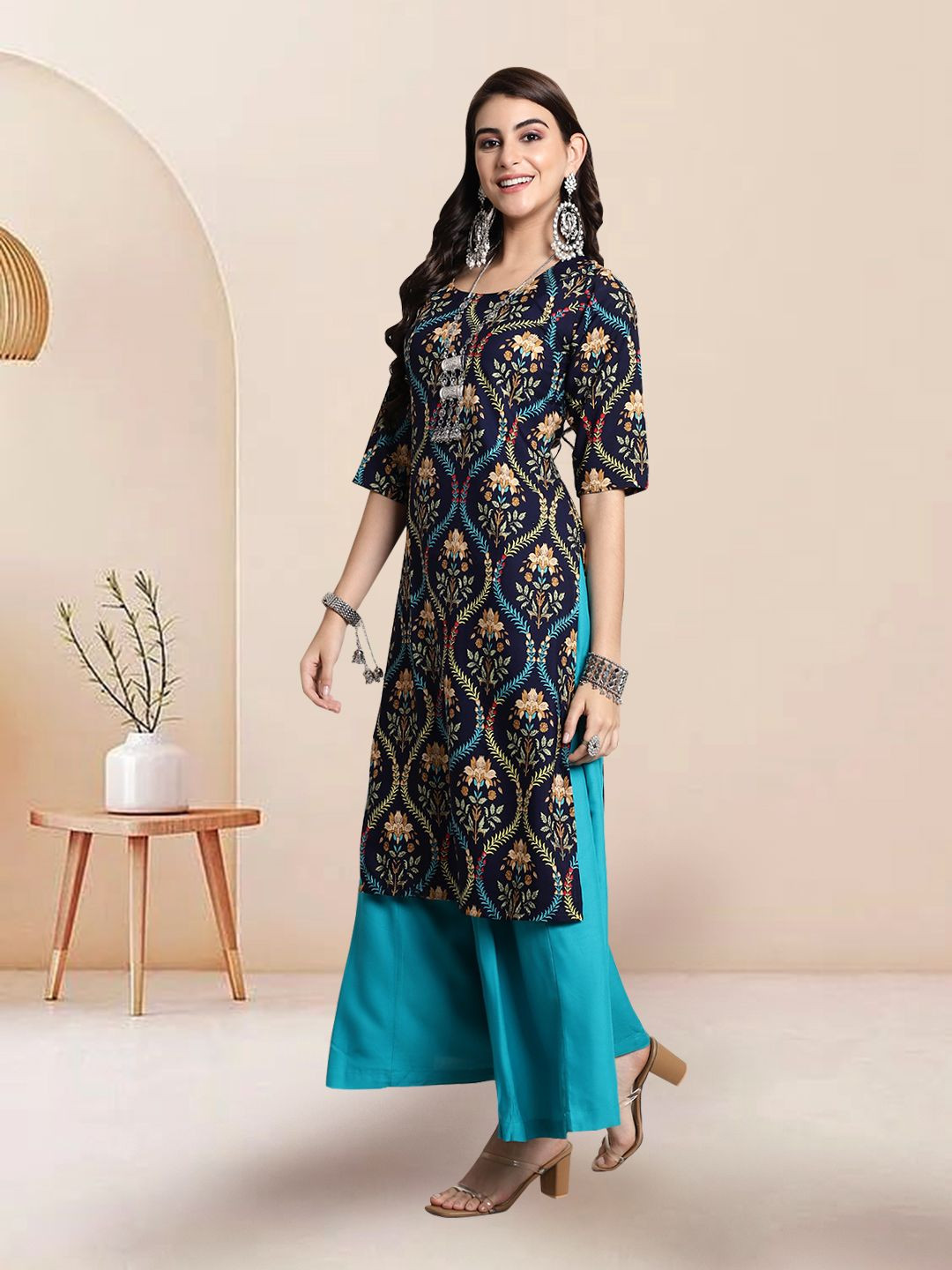 

7Threads Selection Of 2 Ethnic Motifs Printed Straight Round Neck Kurtas, Black