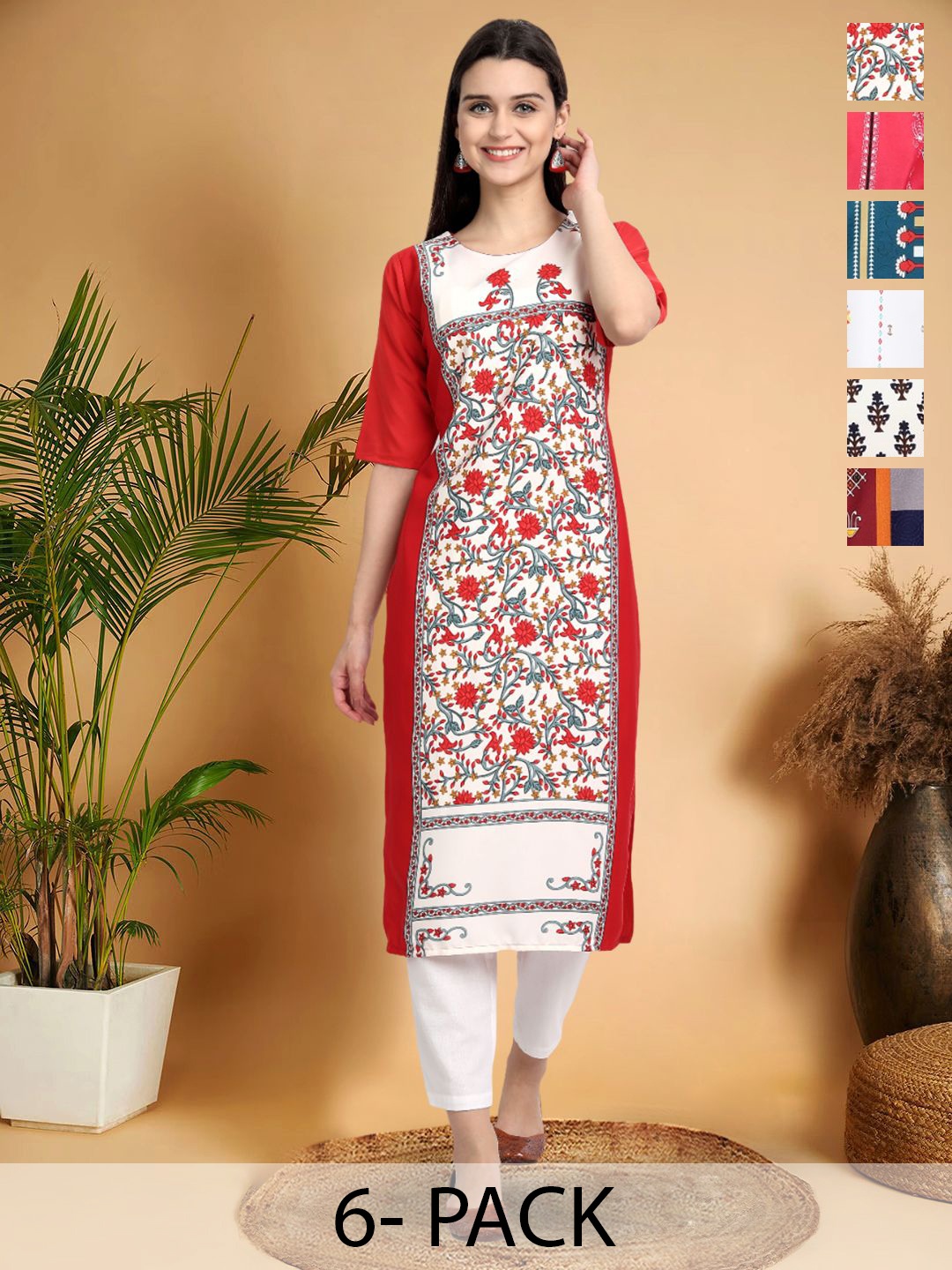 

7Threads Selection Of 6 Floral Printed Round Neck Kurtas, Red