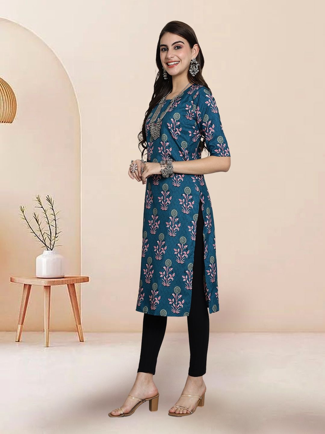 

7Threads Selection Of 3 Ethnic Motifs Printed Round Neck Kurtas, Teal