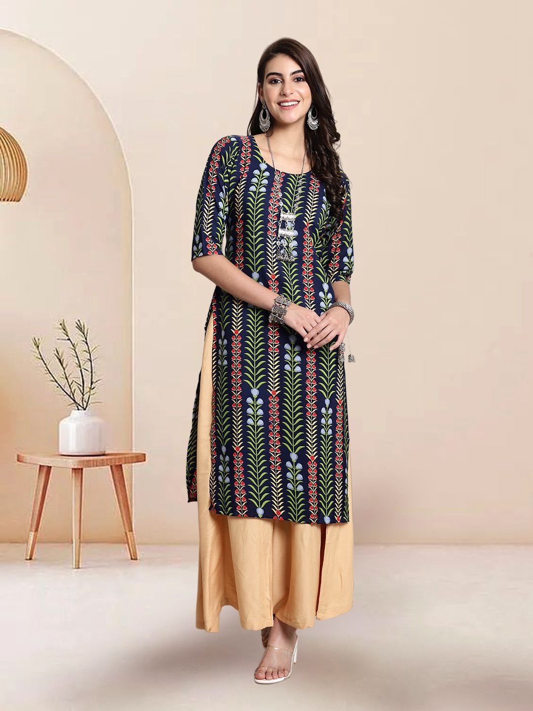 

7Threads Selection Of 5 Ethnic Motifs Printed Round Neck Kurtas, Blue