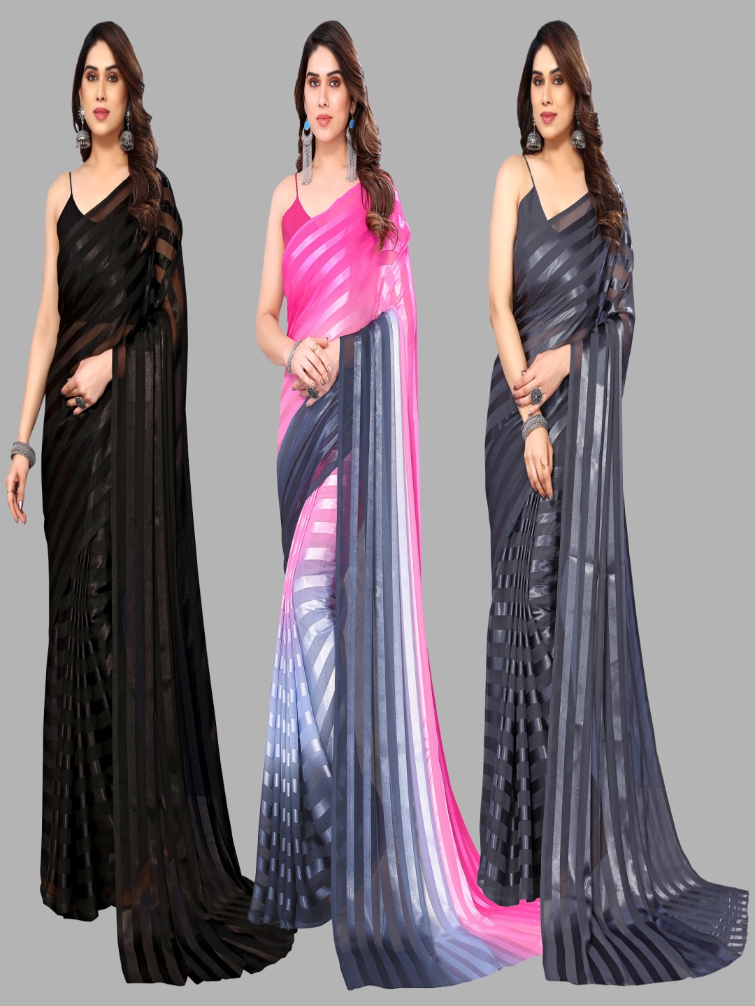 

ANAND SAREES Striped Satin Saree, Black