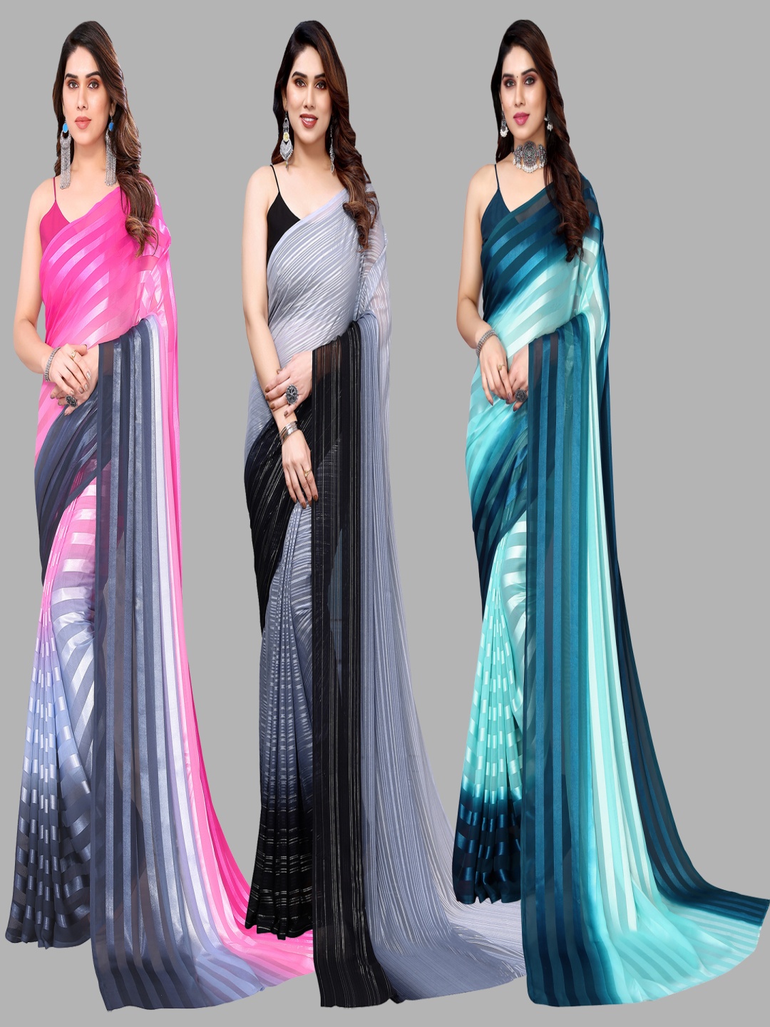 

ANAND SAREES Striped Satin Saree, Pink