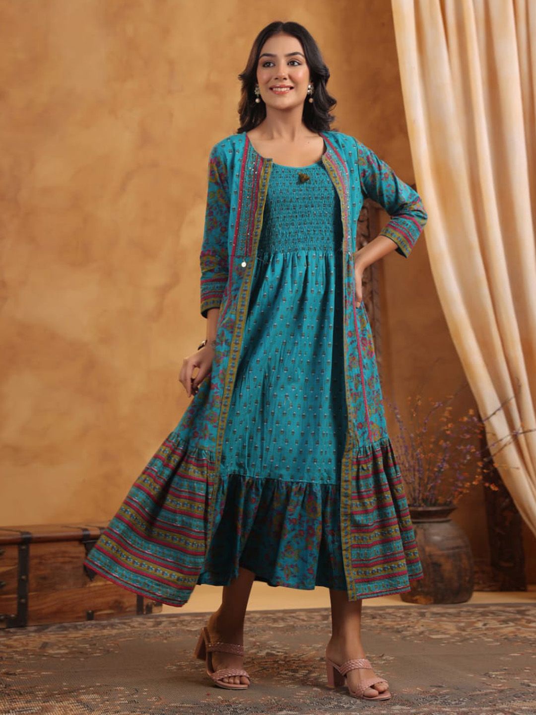 

Meena Bazaar Ethnic Motifs Print Fit & Flare Midi Dress, Blue