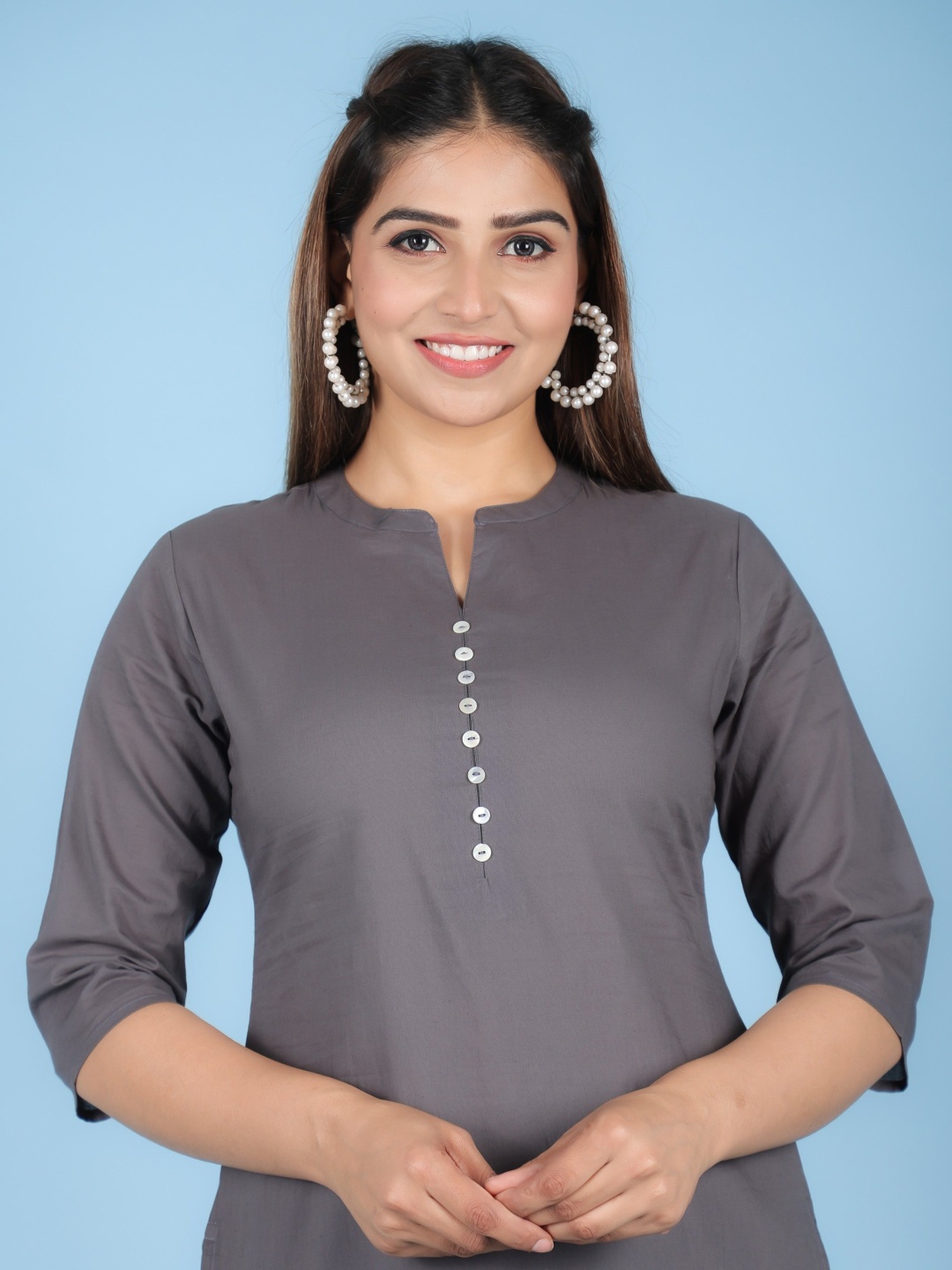 

Aramya Mandarin Collar Pure Cotton Kurta With Trouser & Dupatta, Grey