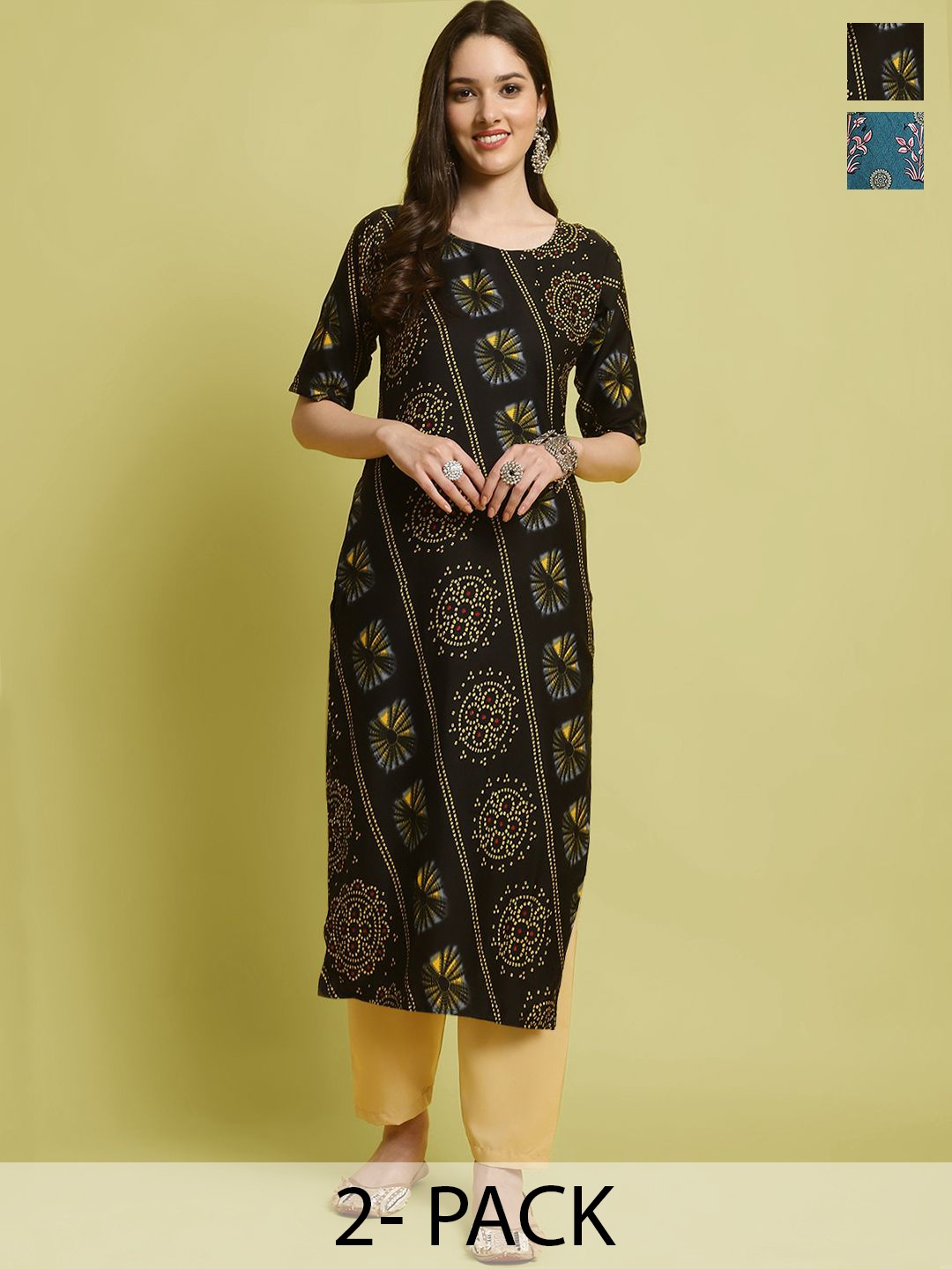 

7Threads Selection Of 2 Ethnic Motifs Printed Straight Kurta With Trousers, Black