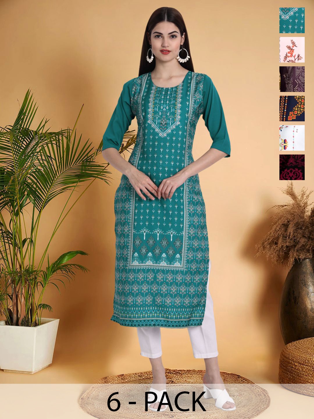 

7Threads Selection Of 6 Floral Printed Round Neck Straight Kurtas, Teal