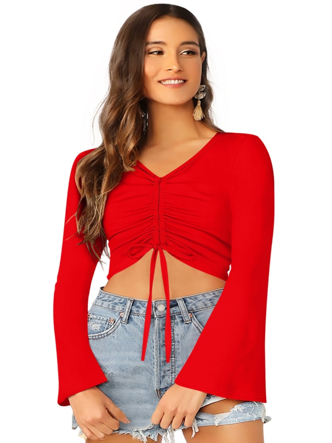 

Sanwariya Silk Bell Sleeve Crop Top, Red