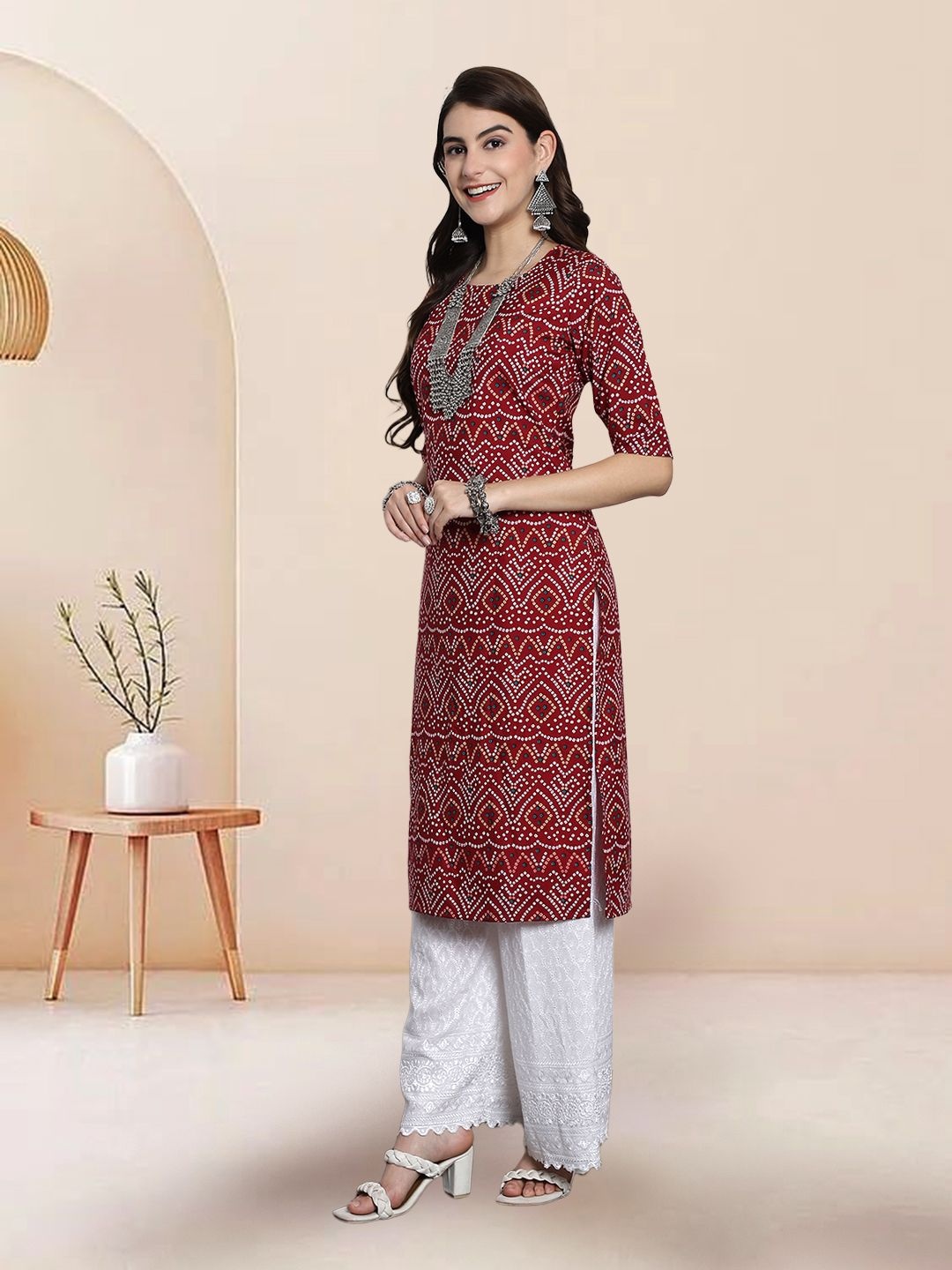 

7Threads Selection Of 3 Ethnic Motifs Printed Round Neck Straight Kurtas, Red